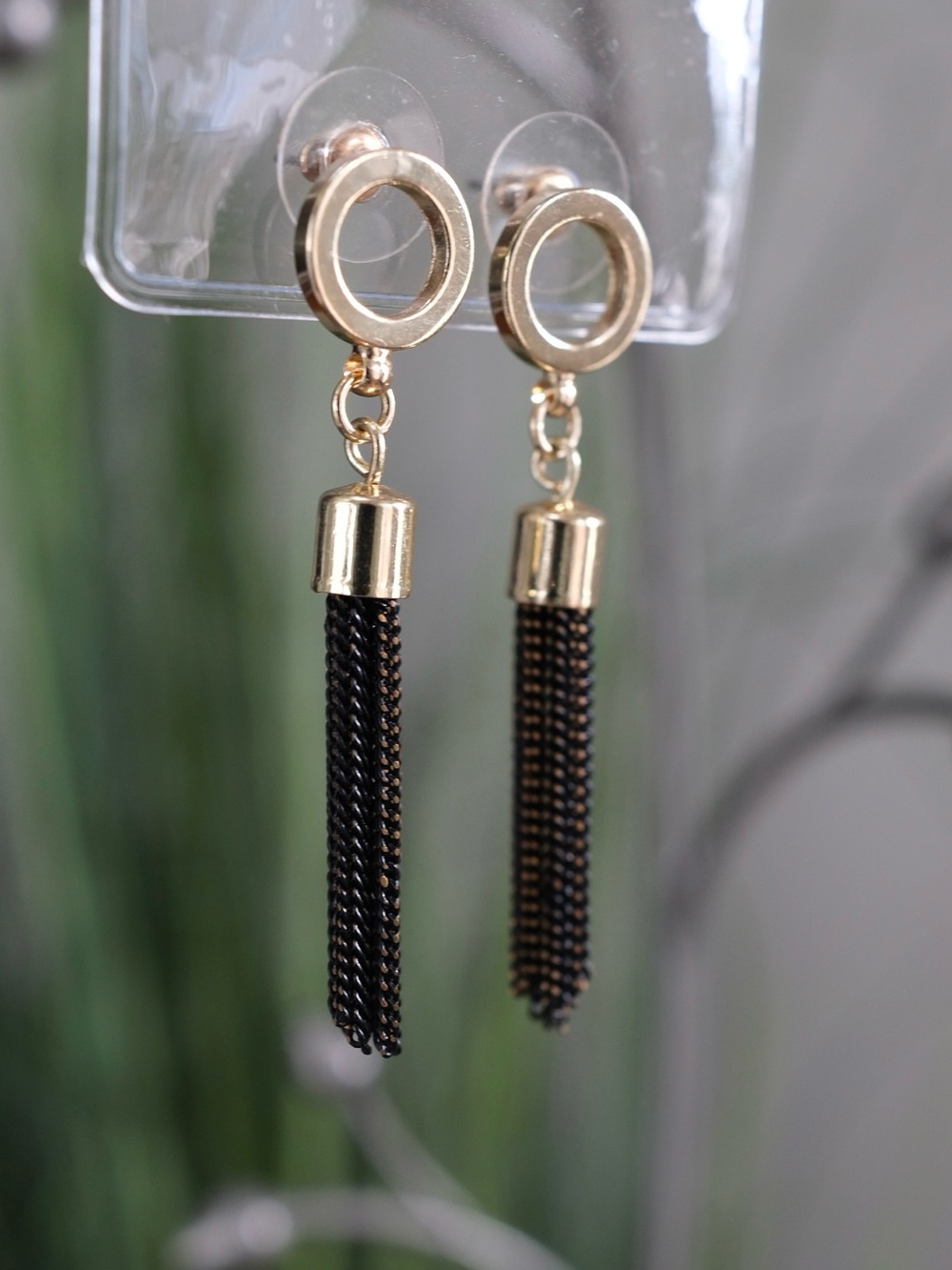 Mesh Chain Tassel Drop Earrings Gold-Tone Circle Studs